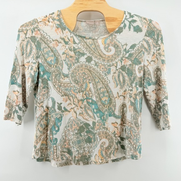 Chicos Top Womens 2 Large Paisley Floral 3/4 Sleeve Stretch Lightweight Boho Art - Picture 1 of 9